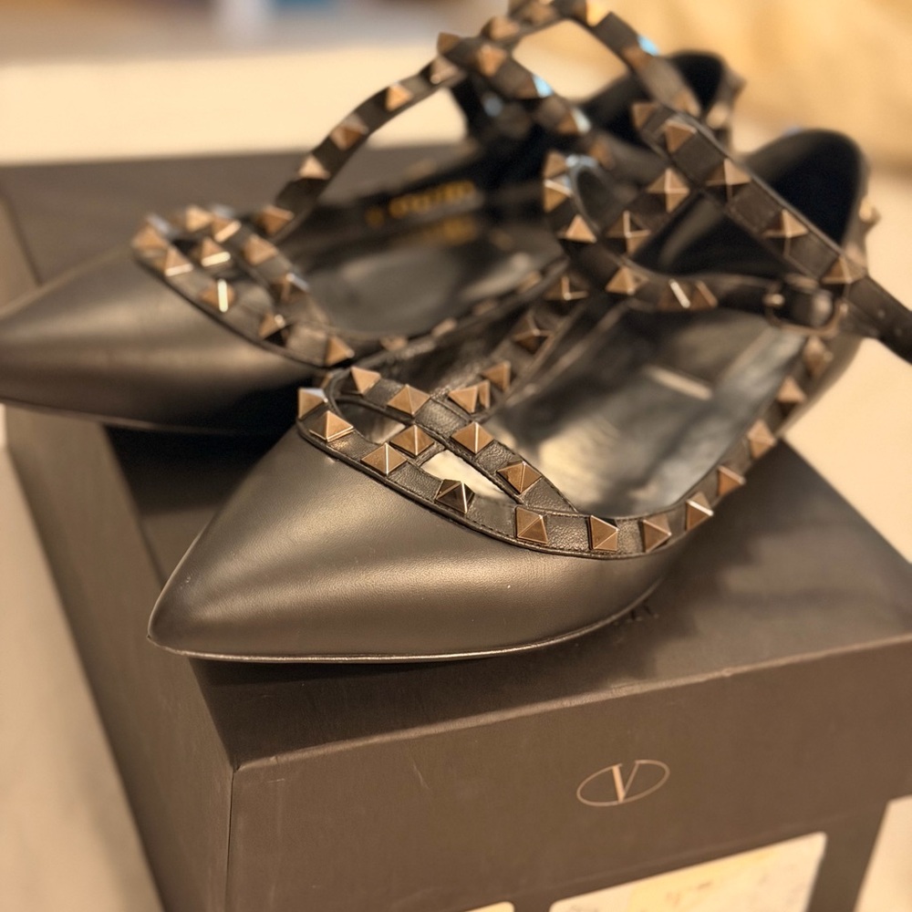 Valentino Black and Gold Studded Flats